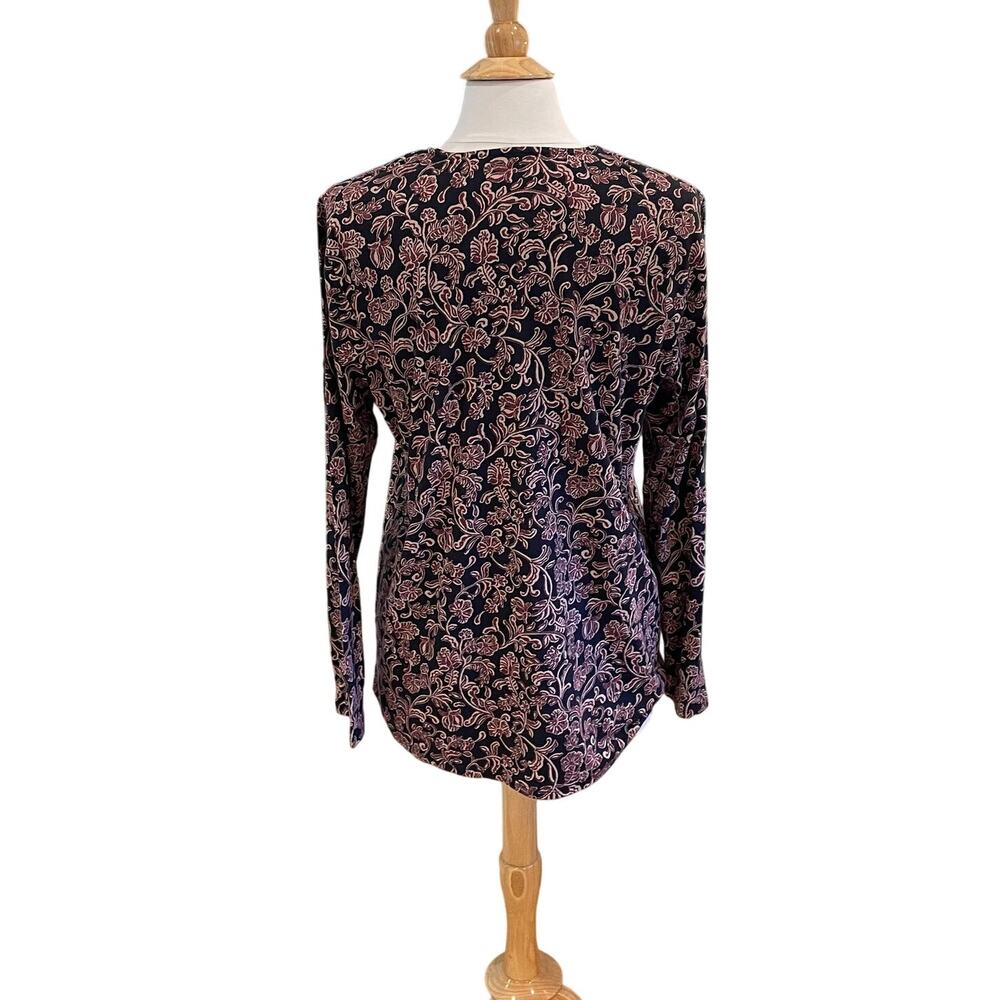 J. Jill Pure Jiil Burgundy Navy Floral Long Sleeve Shirt Tail T-Shirt, Boho, L - Picture 4 of 9